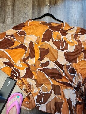 Woven Abstract Floral Tunic in Brown & Orange